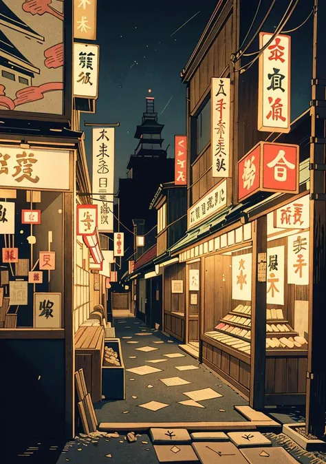woodblock print, NewTokyoWoodblock, city street in japan, dark theme, night time, neon lights