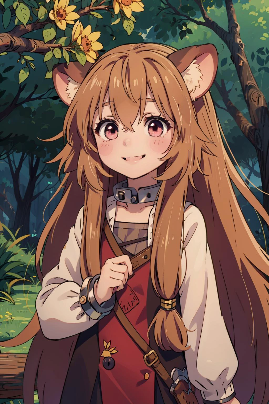 1girl,solo,smile,outdoor, <lora:raphtalia:0.7> ,raphtalia,bangs,long_hair,brown_hair,animal_ears,raccoon_girl,raccoon_ears,hair_between_eyes,animal_ear_fluff,,long_sleeves,