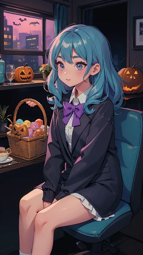 illustration, NadyaTolokonnikova, sitting, BREAK cyan spiral curls hair, BREAK wearing amethyst blazer, BREAK (holding basket of sweets:1.2), BREAK <lora:epiNoiseoffset_v2-pynoise:0.6>, in warehouse district (halloween:1.2), pastel purple neon lights, (dark theme:1.1), flat lighting, (soft saturation:1.2), <lora:lora_NeonNight:0.6>, <lora:LowRA:0.4>