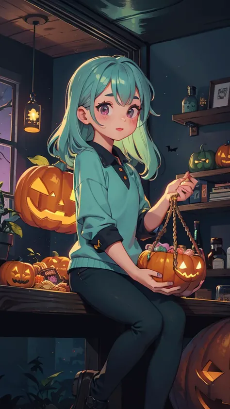 illustration, Walerya SG, sitting, BREAK pastel green slicked side part hair, BREAK wearing aqua polo shirt, BREAK (holding basket of sweets:1.2), BREAK <lora:epiNoiseoffset_v2-pynoise:0.6>, in treehouse (halloween:1.2), pastel purple neon lights, (dark theme:1.1), flat lighting, (soft saturation:1.2), <lora:lora_NeonNight:0.6>, <lora:LowRA:0.4>