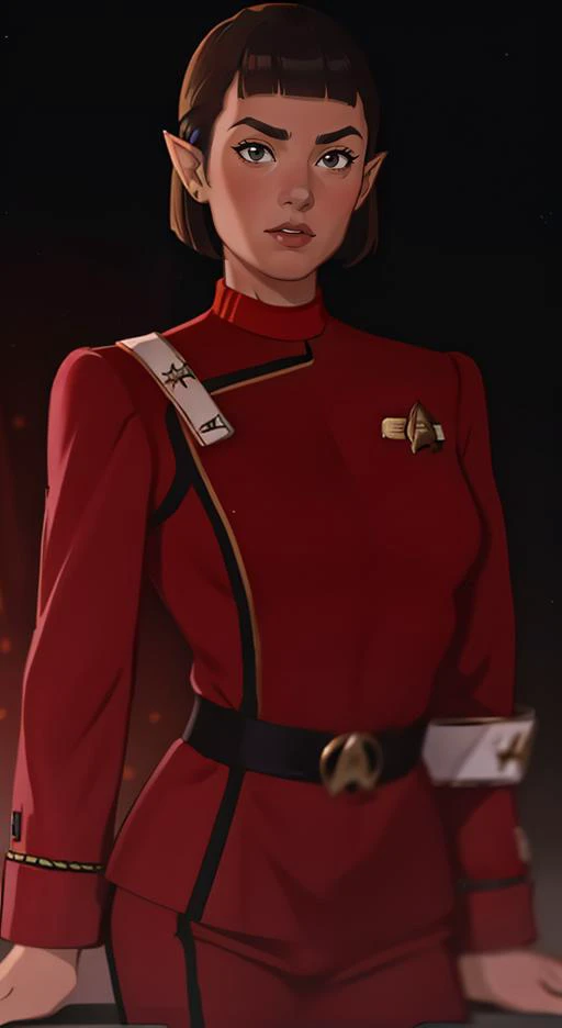 side (bob haircut1:1), vulcan girl, star trek ,  (twokunf red uniform:1.25), <lora:wotkunfexpV6:1>, pointy ears, white shoulder band