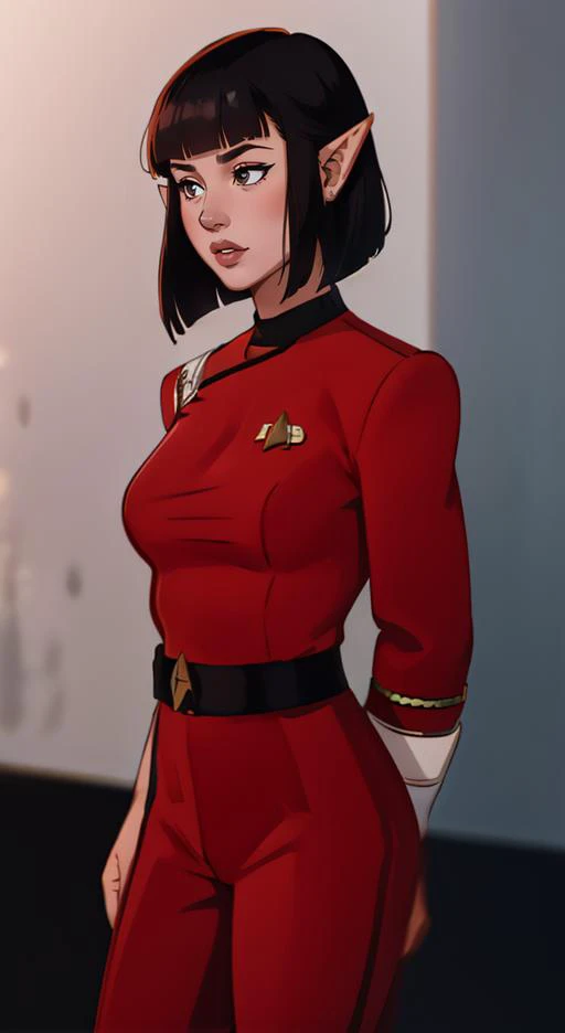 side (bob haircut1:1), vulcan girl, star trek , (twokunf red uniform:1.25), <lora:wotkunfexpV6:1>, pointy ears, white shoulder band
