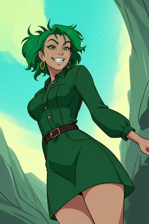 woman, grin, from below, wild green hair, earrings,