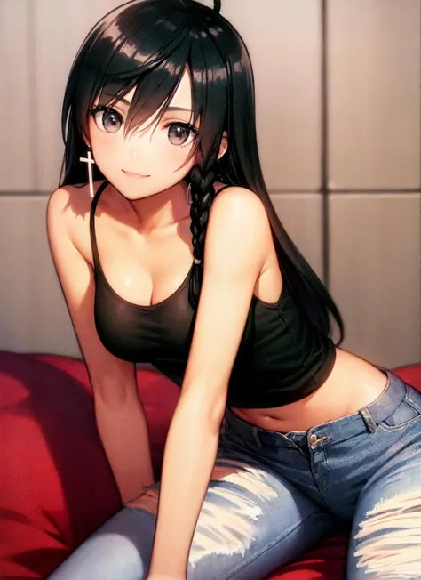 soniablanche, 1girl, solo, cross earrings, tank top, torn jeans, smile <lora:soniablanche_V4-10:0.7>