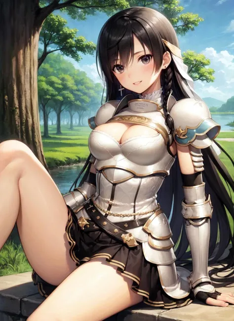 soniablanche, 1girl, solo, cross earrings, hair ornament, veil, armor, armored dress, cleavage cutout, pauldrons, breastplate, gauntlets, skirt, cleavage, day, sitting, looking at viewer, outdoors, sky, water, tree, parted lips, smile, blush, thighs, cloud <lora:soniablanche_V4-10:0.7>