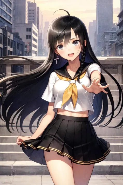 soniablanche, 1girl, solo, cross earrings, school uniform, short sleeves, neckerchief, open mouth, white shirt, sailor collar, pleated skirt, black skirt, smile, shirt, yellow neckerchief, shiny hair, serafuku, :d, shiny, sailor shirt, very long hair, blue sailor collar, cowboy shot, reaching, floating hair, railing, cityscape, wind, dusk <lora:soniablanche_V4-10:0.7> <lora:Tony_taka_v0.3_(Style):0.5>