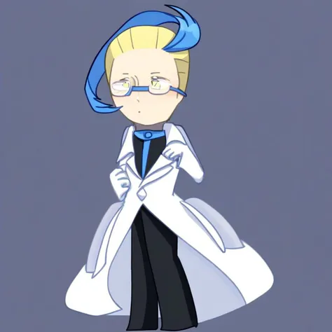 solo, 1boy, male focus, blonde hair, blue hair, two-toned hair, cowlick, hair slicked back short hair, cowlick, yellow eyes,, b2w2outfit, lab coat, white gloves, black pants, black shirt, glasses