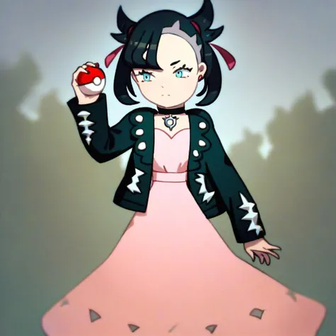 score_9,score_8_up,score_7_up,score_6_up,score_5_up,score_4_up, solo, 1girl, marnie, twintails, black hair, blue eyes, dress, pink dress, choker, jacket, black jacket, poke ball, poke ball (basic), holding, outdoors