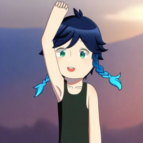 solo, 1boy, male focus, venti/(genshin impact/), alternate costume, twin braids, gradient hair, black hair, blue hair, green eyes, black shirt, smile, outdoors, arm up, sleeveless, tank top, armpit, collarbone, open mouth, upper body