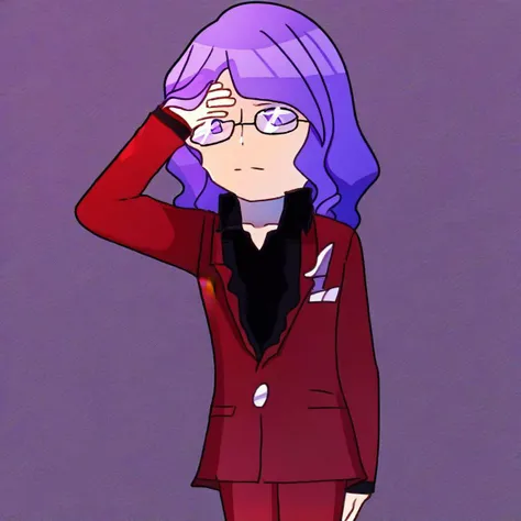 solo, 1boy, purple hair, wavy hair, purple eyes, Red jacket, black shirt, collared shirt, red pants, formal, Glasses