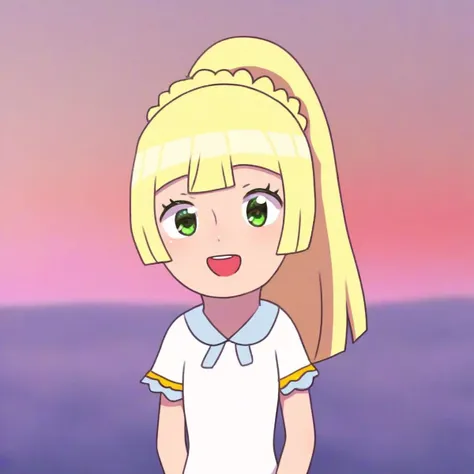 solo, 1girl, upper body, smile, open mouth, lillie, ponytail, blonde hair, green eyes, white shirt, short sleeves, sky, cloud, sunset