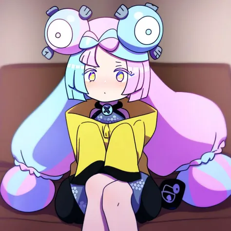 solo, 1girl, two-toned hair, multicolored hair, pink hair, blue hair, hair ornament, yellow jacet, iono/(pokemon/), sitting, indoors