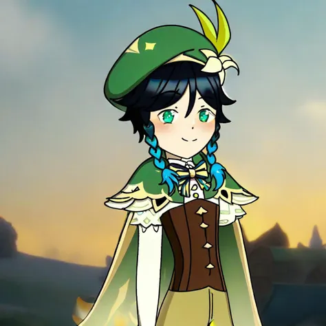 solo, 1boy, male focus, smile, venti/(genshin impact/), twin braids, gradient hair, black hair, corset, brown corset, green shorts, white shirt, beret, green headwear, cape, outdoors, green cape