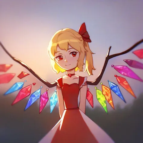 score_9,score_8_up,score_7_up,score_6_up,score_5_up,score_4_up, solo, 1girl, flandre scarlet, red eyes, blonde hair, smile, wings, jewel, sunset, outdoors