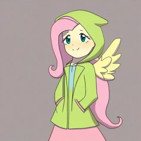 solo, 1girl, upper body, fluttershy, jacket, hood, hood up, human, smile, hands in pockets, wings, green jacket, pink dress, long hair,