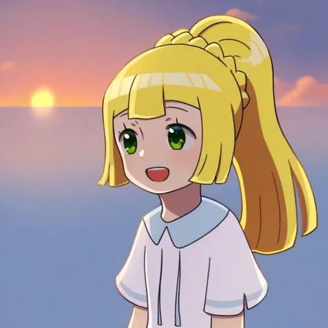 solo, 1girl, upper body, smile, open mouth, lillie, ponytail, blonde hair, green eyes, white shirt, short sleeves, sky, cloud, sunset