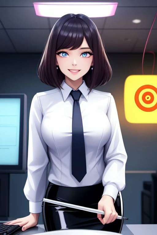 professional detailed photo of (latex office woman) being (brainwashed by mind control glowing spiral monitor), (latex white office blouse and pencil skirt:1), (office high heels:1), Mind Control spiralwash eyes Eyes, Brainwashed facial expression, creepy crazy smile, (Brainwashing), (Mind Control), (Mind control screen),