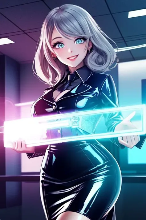 professional detailed photo of (latex office woman) being (brainwashed by mind control glowing spiral monitor), (latex white office blouse and pencil skirt:1), (office high heels:1), Mind Control spiralwash eyes Eyes, Brainwashed facial expression, creepy crazy smile, (Brainwashing), (Mind Control), (Mind control screen),