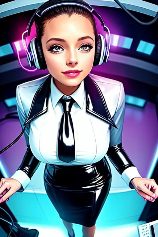 professional detailed photo of (latex office woman) being (brainwashed by mind control spiral headphones), (latex white office blouse and pencil skirt:1), (office high heels:1), Mind Control spiralwash eyes Eyes, Brainwashed facial expression, creepy crazy smile, (Brainwashing), (Mind Control), (Mind control headphones),