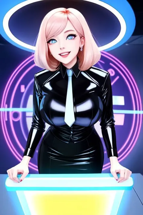 professional detailed photo of (latex office woman) being (brainwashed by mind control glowing spiral monitor), (latex white office blouse and pencil skirt:1), (office high heels:1), Mind Control spiralwash eyes Eyes, Brainwashed facial expression, creepy crazy smile, (Brainwashing), (Mind Control), (Mind control screen),