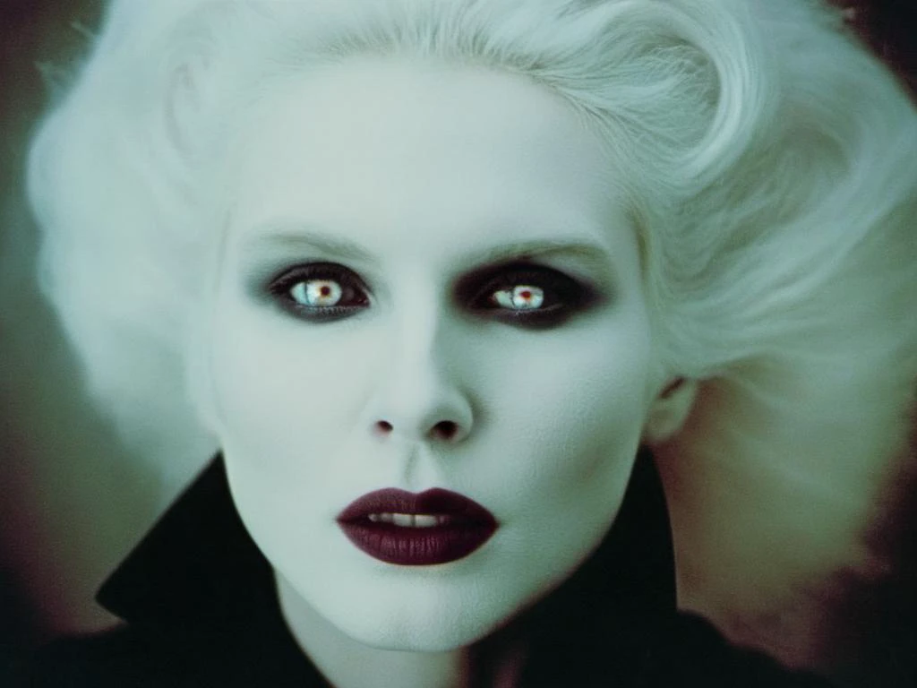 analog film photo of  Female Vampire a pale ice cold skin vampire woman with white hair and a white face and reflective eyes  in year 17, faded film, desaturated, 35mm photo, grainy, vignette, vintage, Kodachrome, Lomography, stained, highly detailed, found footage