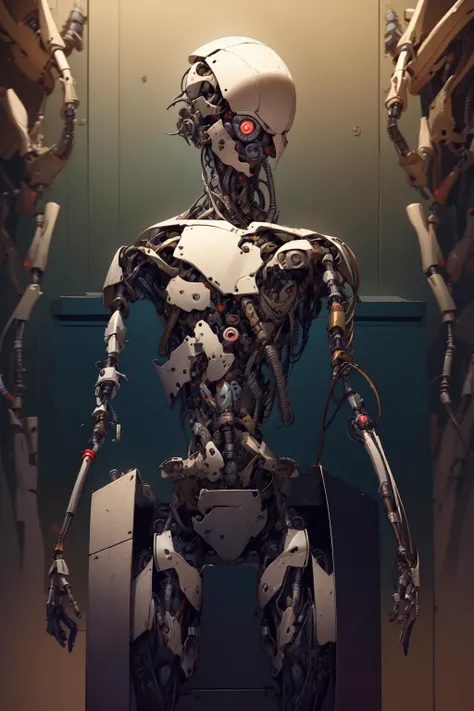 breathtaking full shot:, full body, broken down, (hacked arm:1.4), facing viewer, (looking at viewer:1.4), dynamic pose, <lora:reelmech1v2:1> reelmech, (mechanical parts:1.5), missing parts, dirty, stained, leaking oil, (damaged:1.3), <lora:1mechabare:1>, damaged_skin face, damaged_skin eye socket, damaged_skin cheek, falling apart <lora:cyborgbot:0.3> robot <lora:Horror_Scenes:0.6>, masterpiece, award-winning, professional, highly detailed
