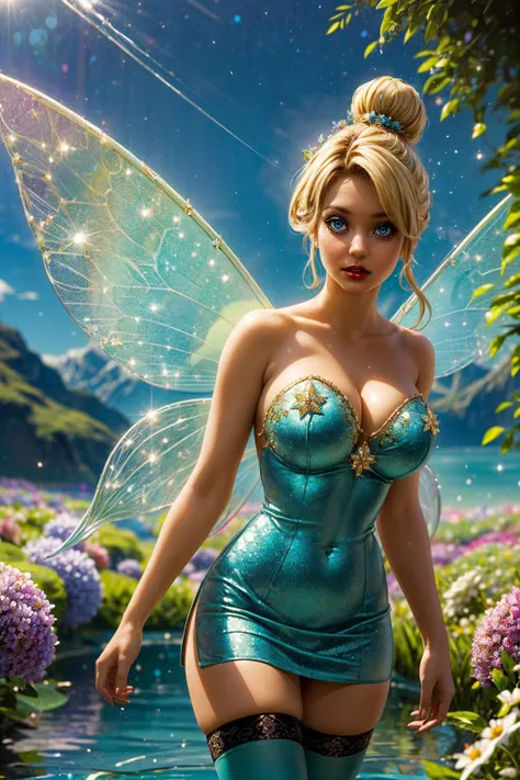 (ultra realistic,32k, masterpiece:1.2),(high detailed skin:1.1),( high quality:1.1),
<lora:TINK-V2:0.8>single hair bun,blonde hair,tired, strapless green dress, fairy wings, flower field, flowers,sunshine, pollen, pollen particles, thighhighs, crystal lagoon, glistening crystals, calm waters, sanctuary of crystal guardians, blurry background,,(looking at viewer, standing from below:1.1),, huge breast,large breast,<lora:add_detail:0.9>,
(refraction:1.1),
