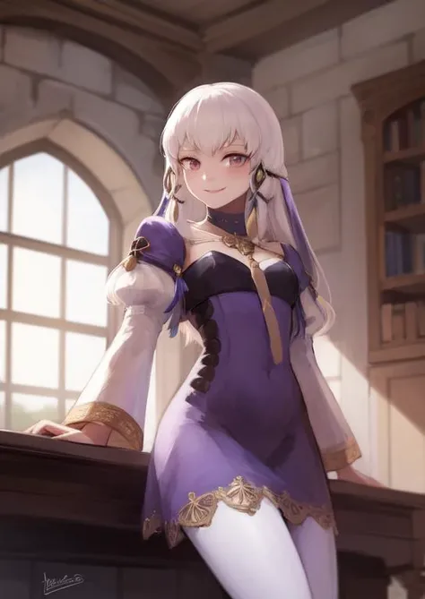 (masterpiece, best quality:1.2), extremely detailed, soft ambient lighting, sharp focus, 4K, BREAK <lora:lysitheafe:1>, 1girl, solo, hair ornament, long sleeves, purple dress, white pantyhose, BREAK indoors, castle, standing, looking at viewer, gentle smile