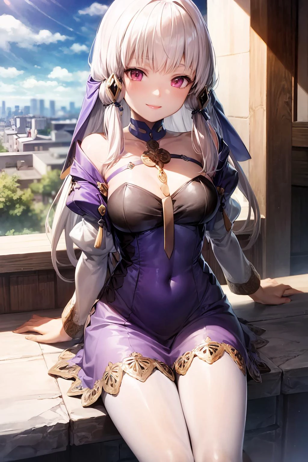 (extremely detailed CG unity 8k wallpaper), (best quality), (ultra-detailed), 1girl, lysitheafe, school, sun, sky,<lora:add_detail (1):0.4>, hair ornament, long sleeves, purple dress, white pantyhose, acessories, heels, smiling, <lora:lysitheafe:0.8>, sitting, from above, looking at viewer, pov