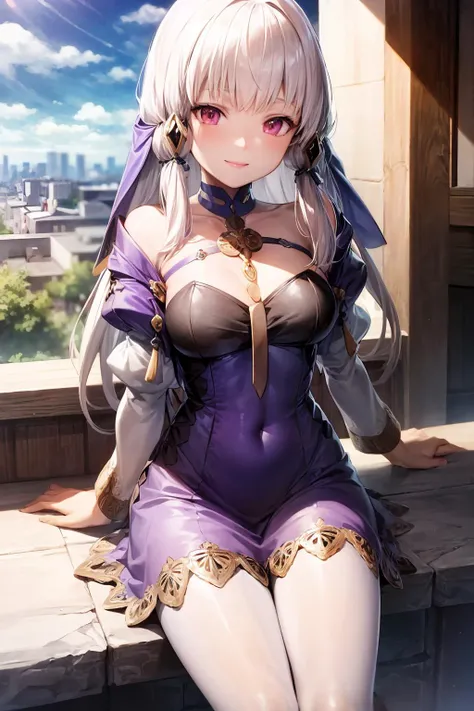 (extremely detailed CG unity 8k wallpaper), (best quality), (ultra-detailed), 1girl, lysitheafe, school, sun, sky,<lora:add_detail (1):0.4>, hair ornament, long sleeves, purple dress, white pantyhose, acessories, heels, smiling, <lora:lysitheafe:0.8>, sitting, from above, looking at viewer, pov