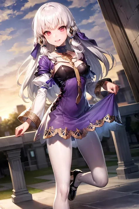 (extremely detailed CG unity 8k wallpaper), (best quality), (ultra-detailed), 1girl, lysitheafe, school, sun, sky,<lora:add_detail (1):0.4>, hair ornament, long sleeves, purple dress, white pantyhose, acessories, heels, standing, smiling, <lora:lysitheafe:0.8>