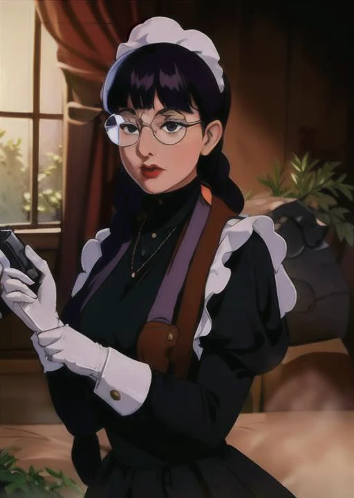 woman in black dress, woman with pistol, woman in glasses, roberta, <lora:Roberta:0.8>