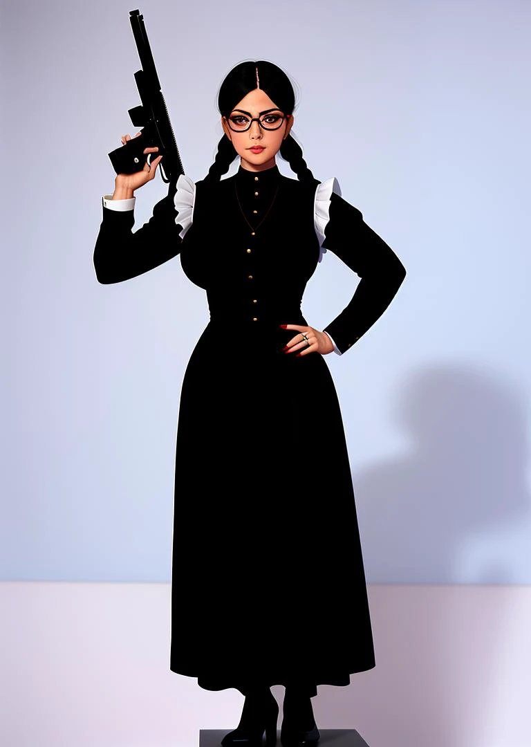 woman in black dress, woman with pistol, woman in glasses, roberta, <lora:Roberta:0.4>, perfect face, beautiful face