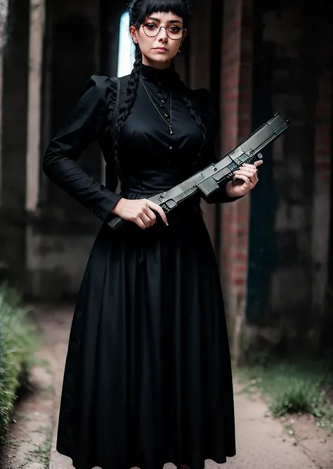 woman in black dress, woman with pistol, woman in glasses, roberta, <lora:Roberta:0.8>