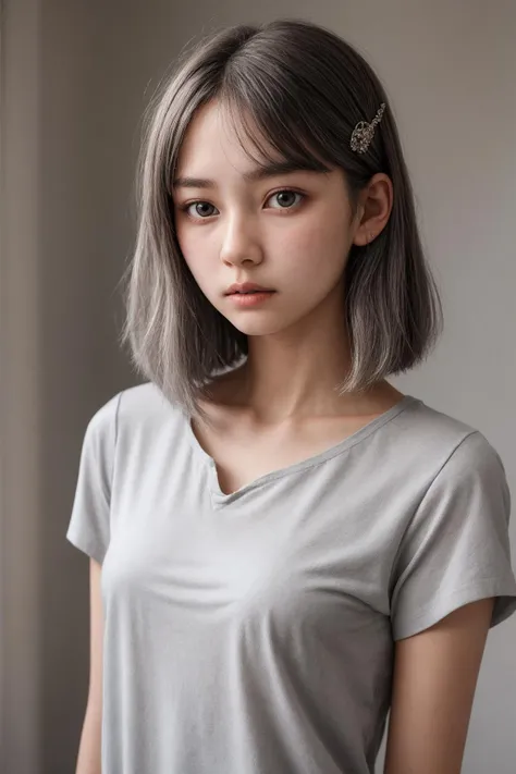 a small breasts and short hair girl, She is 18 years old, grey hair, hairclip, hair_ornament, straight hair, long hair, blouse, portrait, face focus, slender face, <lora:more_details:0.5>, undershirt,