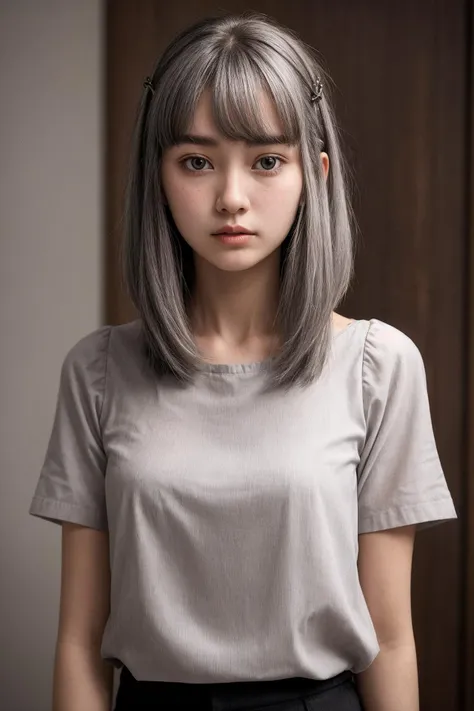 a small breasts and short hair girl, She is 18 years old, grey hair, hairclip, hair_ornament, straight hair, long hair, blouse, portrait, face focus, slender face, <lora:more_details:0.5>,