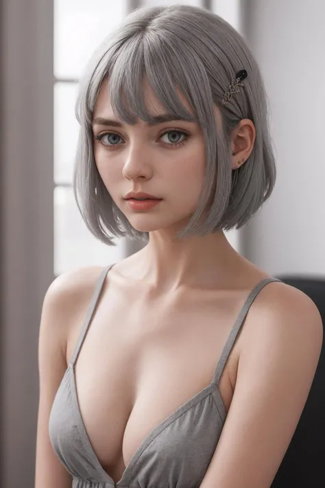 1girl, solo, small_breasts, best quality, masterpiece, highres, short_hair, (grey_hair:1.4), hairclip, hair_ornament, spaghetti strap, (straight hair:1.2), short hair,
