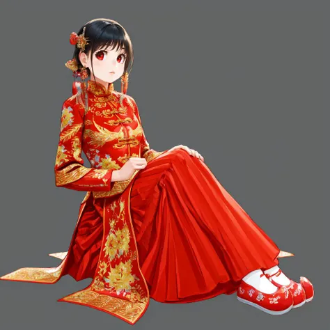 masterpiece, watercolor, Impasto,
JIAYI55, JYAYIQS25, fisting, sitting,
1girl, solo, chinese clothes, red mary janes, red dress, long dress,
black hair,very long hair, hair ornament,
(full body), running,
two-tone background, simple background,
faceless, faceless female,