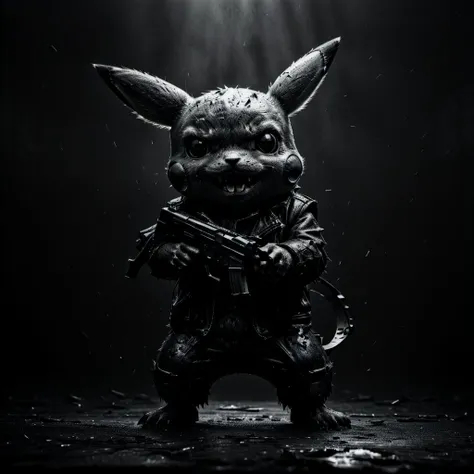 cinematic dark monochrome photo dark and gritty artwork in a realistic style, portraying Pikachu transformed into a gruesome Terminator. Incorporate metallic enhancements, jagged edges, and a menacing demeanor, holding guns, <lora:Into_Darkness:1> , <lora:JuggerCineXL2:1>