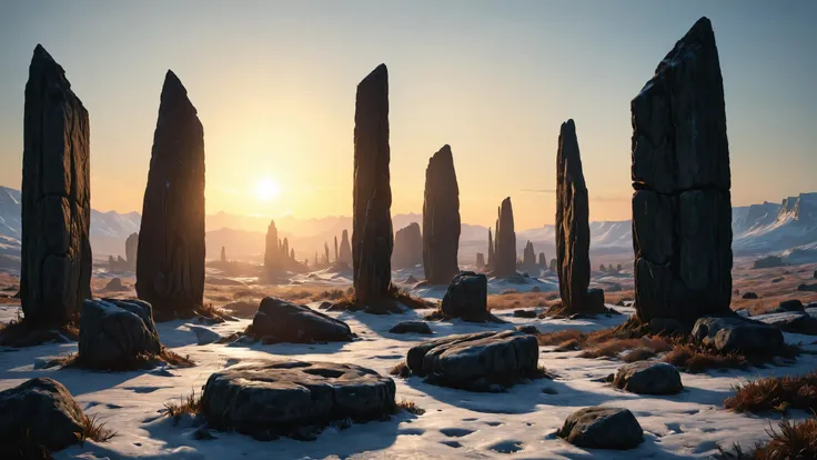 photorealistic detailed digital illustration of a circle of mad-exp standing stones,  Ancient petrified forests frozen in time in the background,, low angle, sunrise, by greg rutkowski, trending on artstation <lora:Colorful_Expressionism_SDXL:0.8>  <lora:SDXLFaeTastic2400:0.8> <lora:Into_Darkness:0.8>