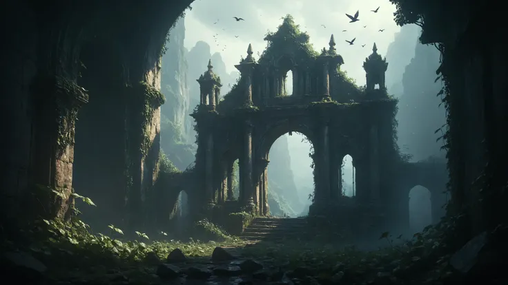 A mystical ruin hidden within a misty valley, its ancient stones covered in ivy, surrounded by the enchanting melody of unseen birds,, iridescence, PENeonUV, magical realism, fantasy magic, dark hazy atmosphere, houdini sidefx, trending on Artstation, 8K, detailed, mecha, fluid simulation <lora:add-detail-xl:0.8> <lora:PE_NeonUV Style:0.7> <lora:Into_Darkness:0.8>