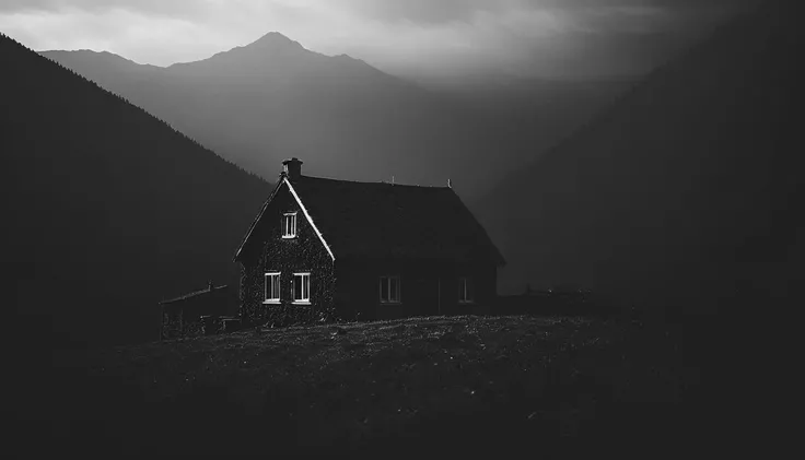 cinematic photo dark photo of mountain cottage     <lora:Into_Darkness:1>, 35mm cinematic , film, bokeh,  professional, 4k, highly detailed, 35mm photograph, film, bokeh,  professional, 4k, highly detailed