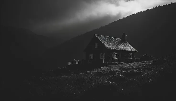 cinematic photo dark photo of mountain cottage <lora:Into_Darkness:1>, 35mm cinematic , film, bokeh, professional, 4k, highly detailed, 35mm photograph, film, bokeh, professional, 4k, highly detailed
