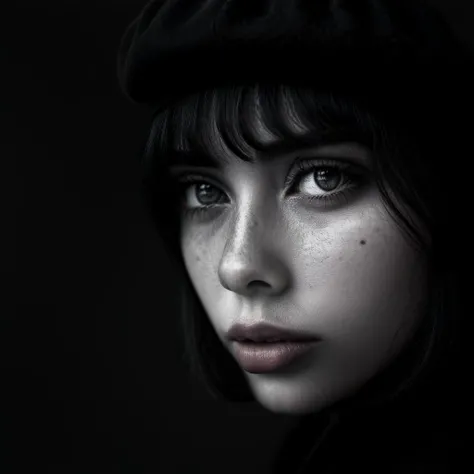cinematic dark monochrome photo Vivid colors ï¼Vibrantï¼Vivid colors Vibrantï¼ a cool bobcut girl wearing a beret hat round eyesï¼charming eyes, charming faceï¼ abstract, minimalism, flat vibrant colorsï¼by Coccolemon, <lora:Into_Darkness:1> , <lora:JuggerCineXL2:1>