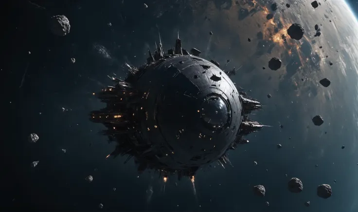 view from above, circular spaceship made of black obsidian dropping bombs on a planet, explosions on planet surface,  8k, detailed, realistic, cinematic, science fiction, (high resolution, photorealistic, sharp:1.4) <lora:add-detail-xl:1>  <lora:detailed_notrigger:1> <lora:light:1> <lora:SpaceCraft_XL:0.5> <lora:JuggerCineXL2:1> <lora:Into_Darkness:1>