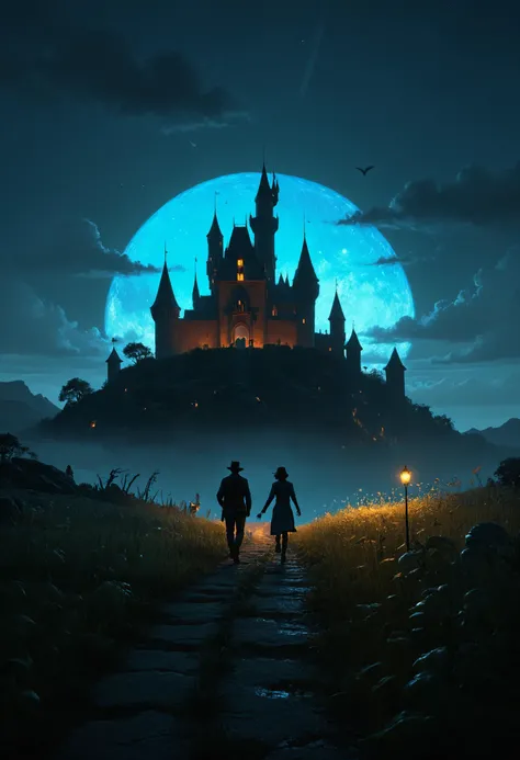 noir detective in Los Angeles,, Volumetric lighting,, bioluminescent, glowing, highlight color way, a couple of diverse human silhouettes running towards the end of this castle in a beautiful prairie, They were surrounded by a bright, and very peaceful, The sky uses full of colors and and lighting is dim | pixar art style | ghibli studio, ultra wide shot | award-winning modern home | visual novel fantasy, epic dreamlike, creepy animals and sweet | pulp feel, digital art, concept art ever created in deeply <lora:detailed_notrigger:0.8> <lora:Into_Darkness:0.8> <lora:Bio-Luminescence:0.8>