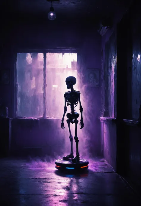 noir detective in Los Angeles,, Neon Lighting,,, highlight color bleed light dust raining magic, chasing a skeleton figure with horns for hands, standing on a hoverboard in front of a light-violet background behind them, from the front with a window frame and two spot light, modern, with a single black and white stripes on floors above on that hang high security with the stains, technicolor film, 40mm sigma 1, 1/100 sec shutter, Studio Ghibli, and out of frame, and side view <lora:add-detail-xl:0.8> <lora:Into_Darkness:0.8> <lora:Rainbow_Style:0.6>