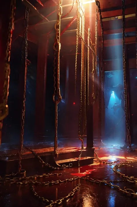 (volumetric lighting, Highres), 1man, 80shorror, background, blood on the walls and floor, chains hang from the ceiling, corridor indoors <lora:80sHorror_Background:0.8>