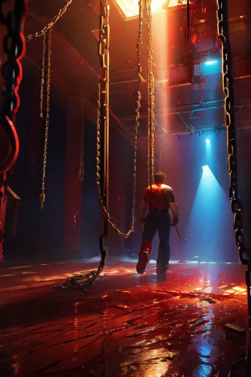 (volumetric lighting, Highres), 1man, 80shorror, background, blood on the walls and floor, chains hang from the ceiling, corridor indoors <lora:80sHorror_Background:0.8>