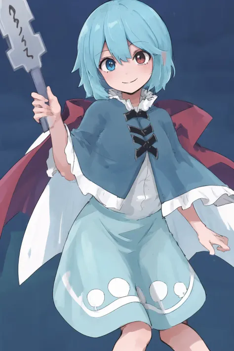 1girl,solo,
simple background,
<lora:MOT_V10:0.85>,MOT,light blue hair,short hair,cape ,blue dress,heterochromia, smile,red eye,blue eye